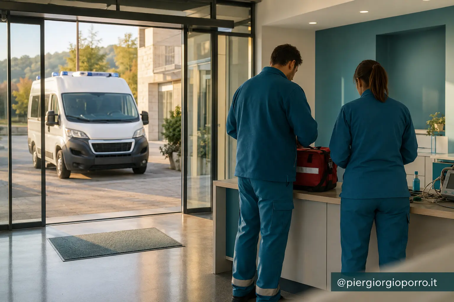 Personale sanitario in un presidio territoriale di primo intervento