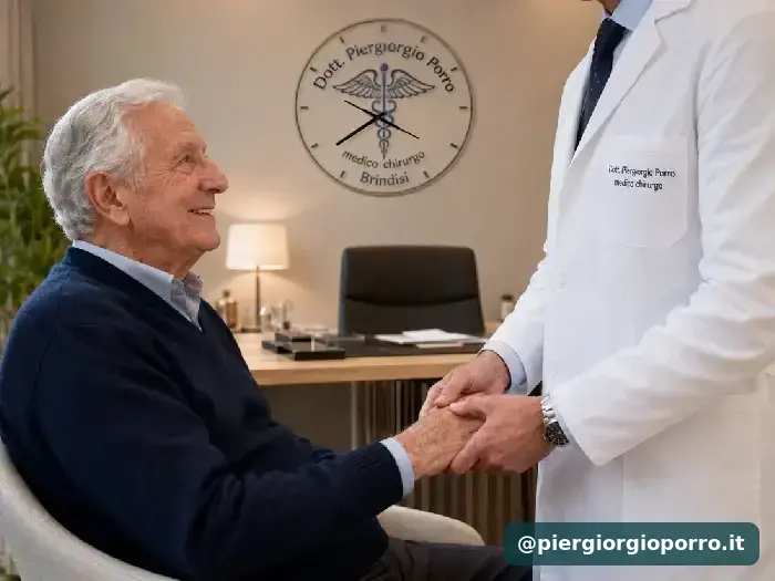 Colloquio medico con un paziente anziano in uno studio con orologio e logo